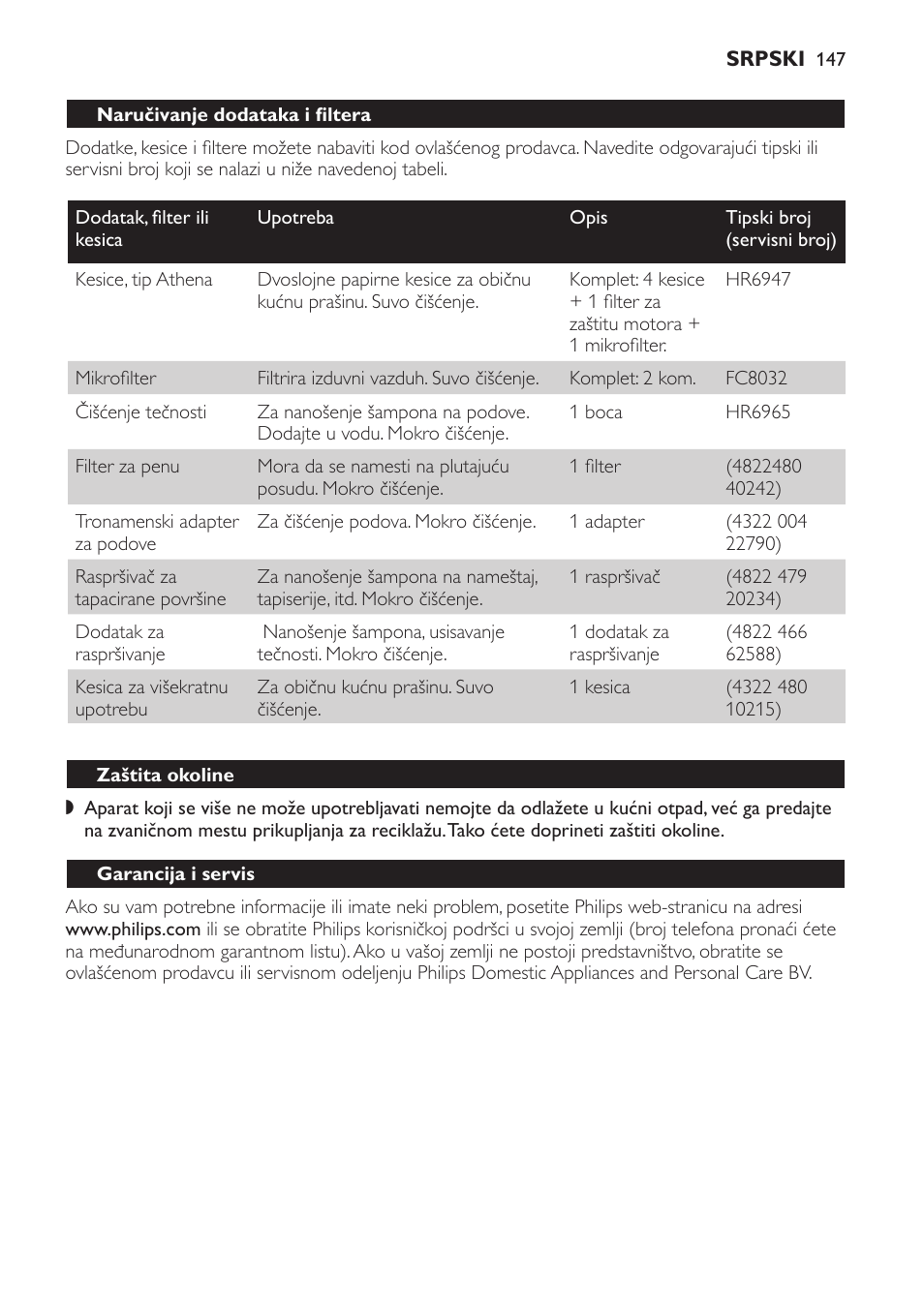 Naručivanje dodataka i filtera, Zaštita okoline, Garancija i servis | Philips HR6835 User Manual | Page 147 / 178