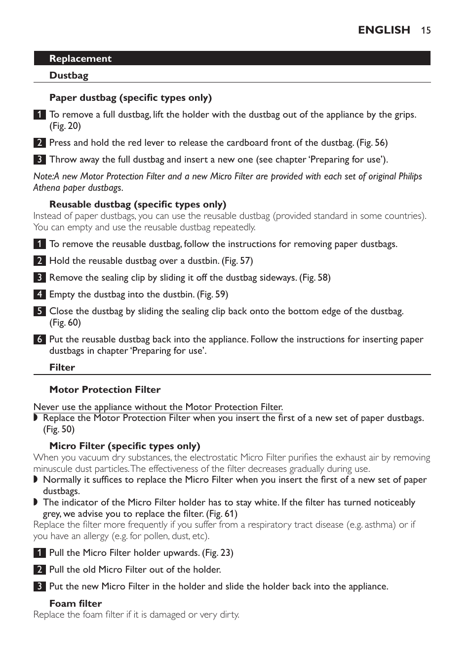 Reusable dustbag (specific types only), Filter, Motor protection filter | Micro filter (specific types only), Foam filter, Ordering accessories and filters | Philips HR6835 User Manual | Page 15 / 178