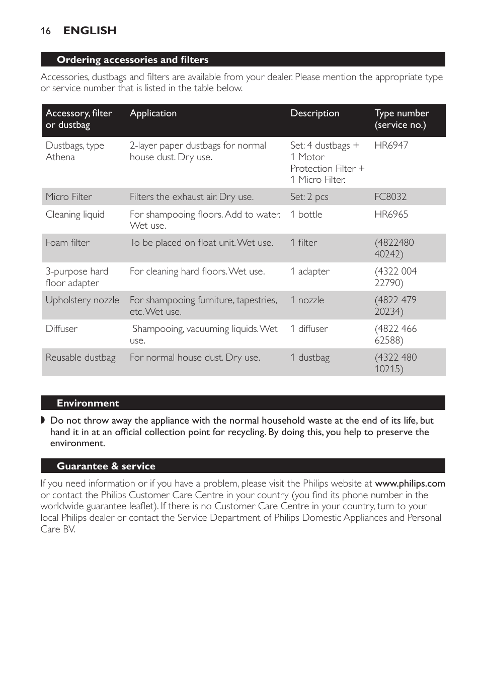 Environment, Guarantee & service | Philips HR6835 User Manual | Page 16 / 178