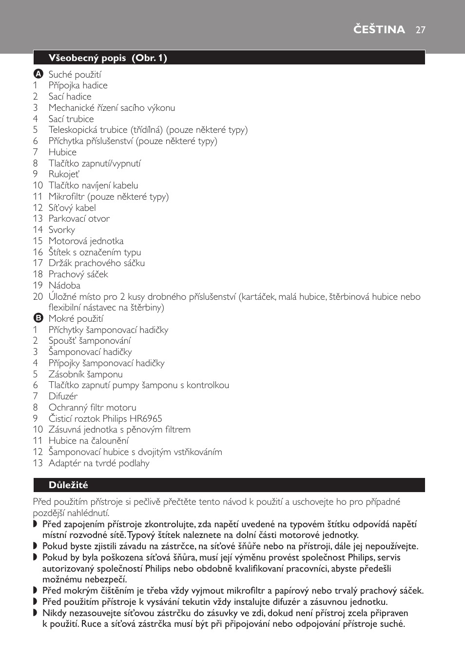 Čeština, Všeobecný popis ﻿ (obr. 1), Důležité | Philips HR6835 User Manual | Page 27 / 178