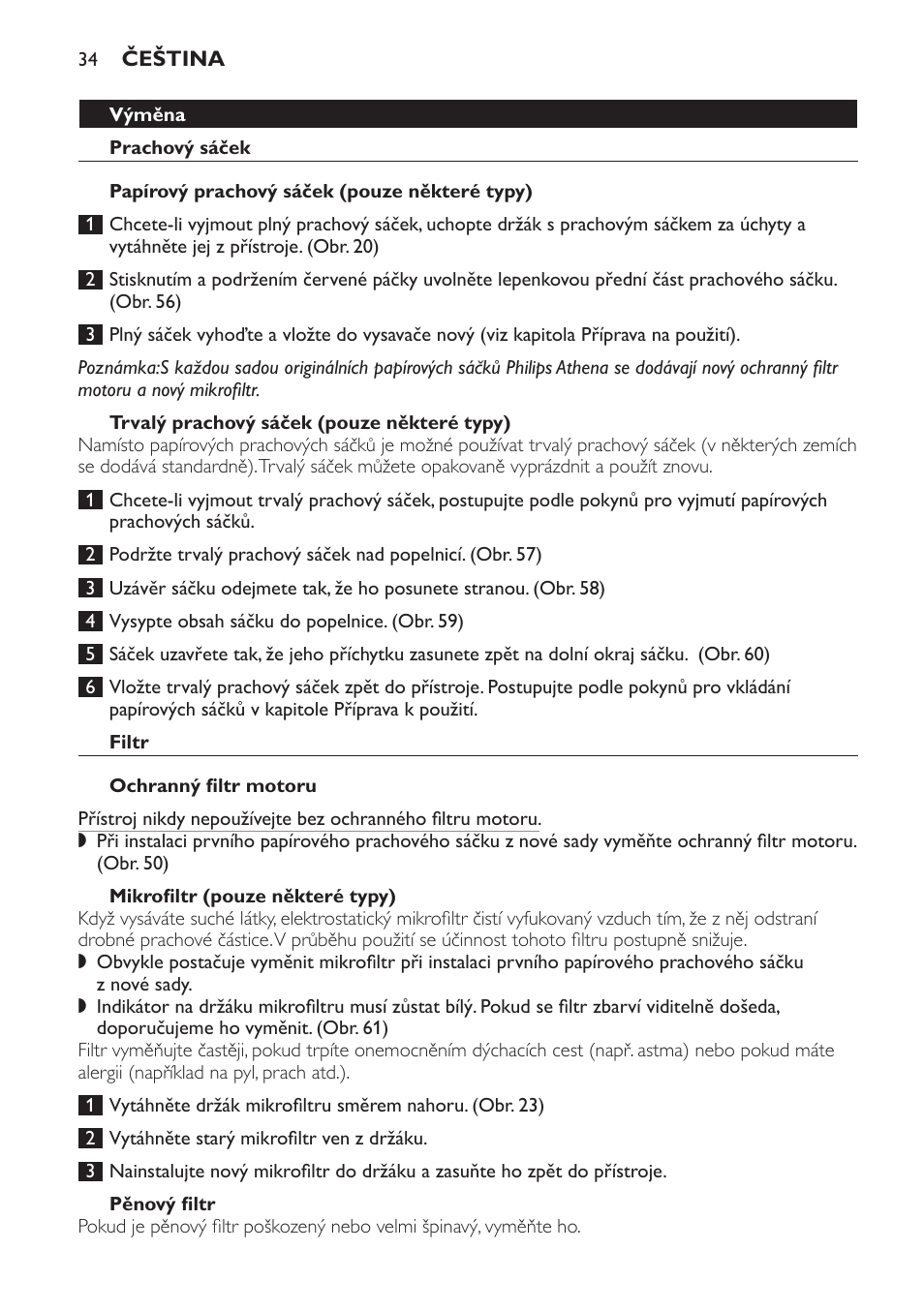 Trvalý prachový sáček (pouze některé typy), Filtr, Ochranný filtr motoru | Mikrofiltr (pouze některé typy), Pěnový filtr, Objednávání příslušenství a filtrů | Philips HR6835 User Manual | Page 34 / 178