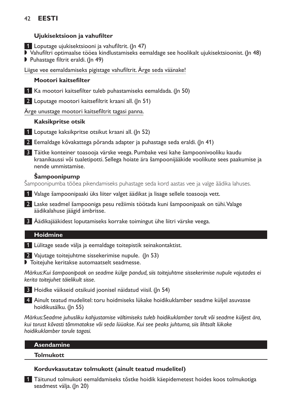 Mootori kaitsefilter, Kaksikpritse otsik, Šampoonipump | Hoidmine, Asendamine, Tolmukott | Philips HR6835 User Manual | Page 42 / 178