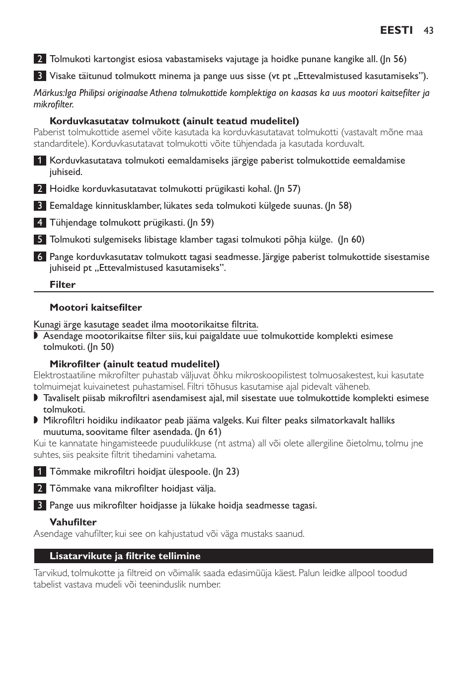 Filter, Mootori kaitsefilter, Mikrofilter (ainult teatud mudelitel) | Vahufilter, Lisatarvikute ja filtrite tellimine | Philips HR6835 User Manual | Page 43 / 178