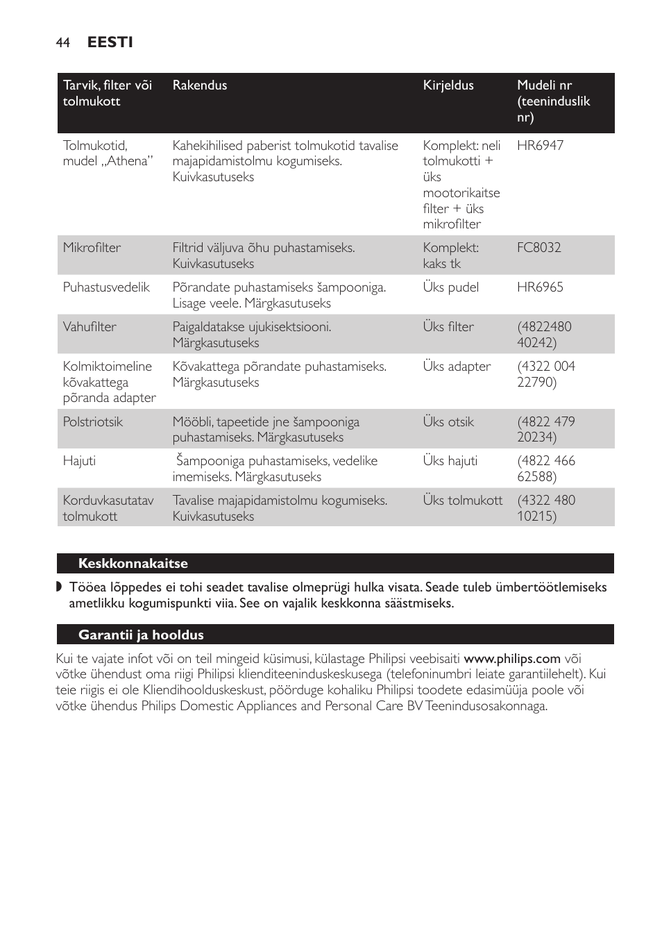 Keskkonnakaitse, Garantii ja hooldus | Philips HR6835 User Manual | Page 44 / 178