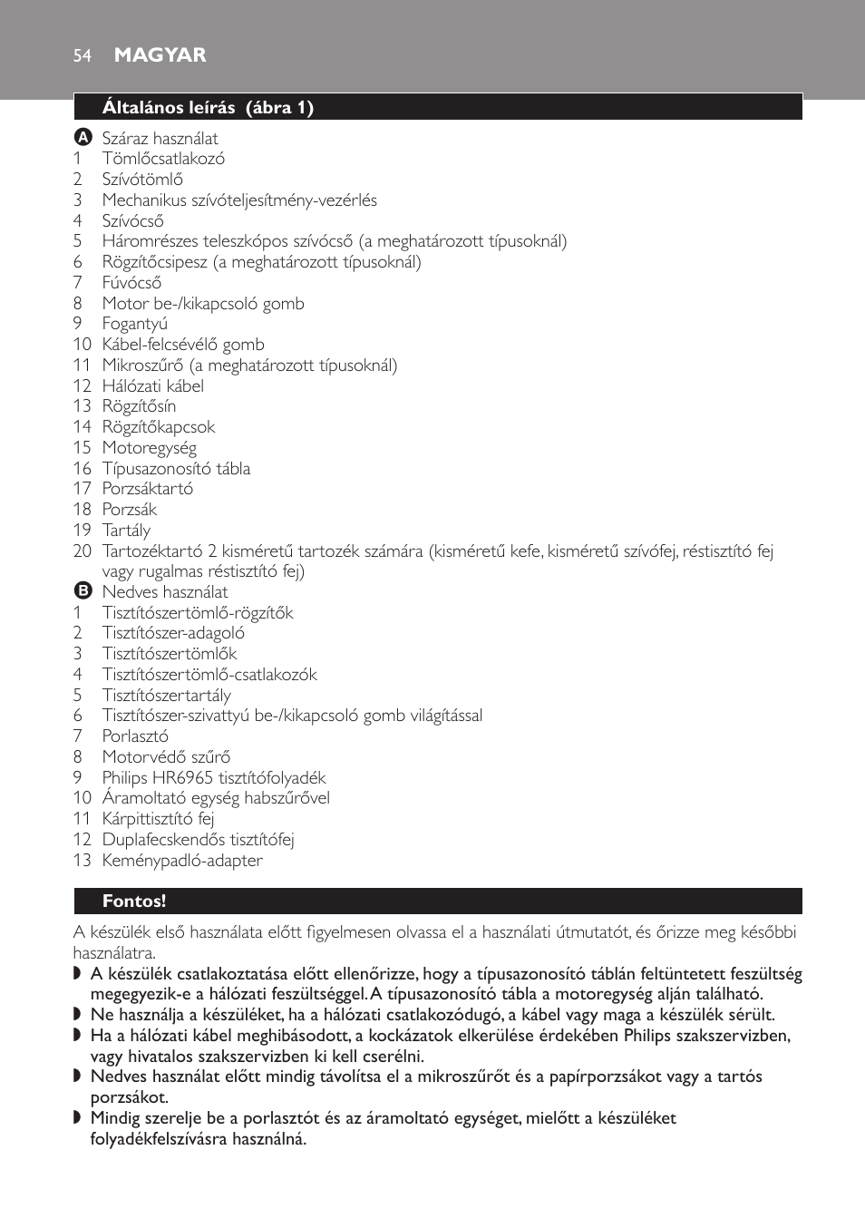 Magyar, Általános leírás ﻿ (ábra 1), Fontos | Philips HR6835 User Manual | Page 54 / 178