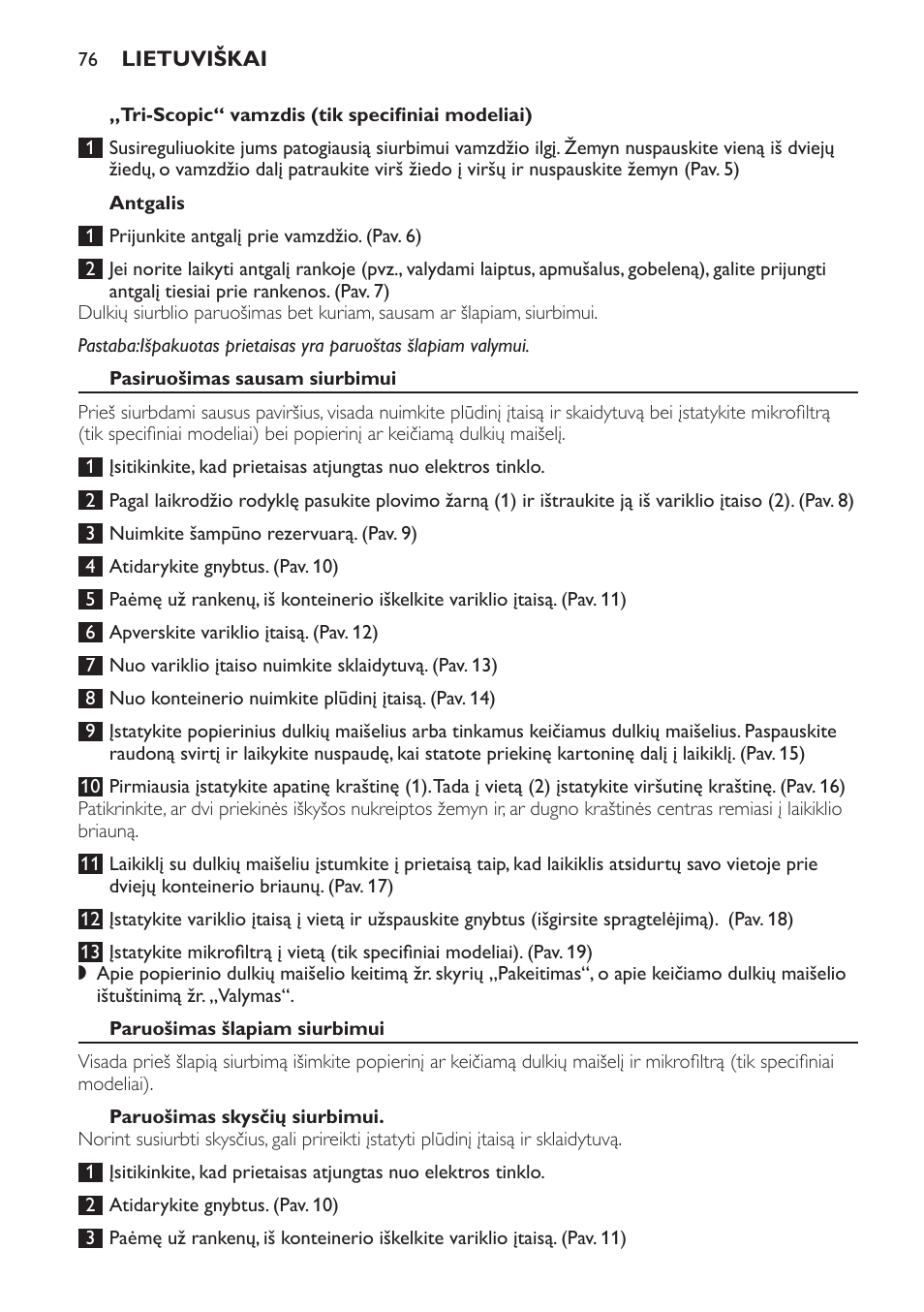 Tri-scopic“ vamzdis (tik specifiniai modeliai), Antgalis, Pasiruošimas sausam siurbimui | Paruošimas šlapiam siurbimui, Paruošimas skysčių siurbimui | Philips HR6835 User Manual | Page 76 / 178