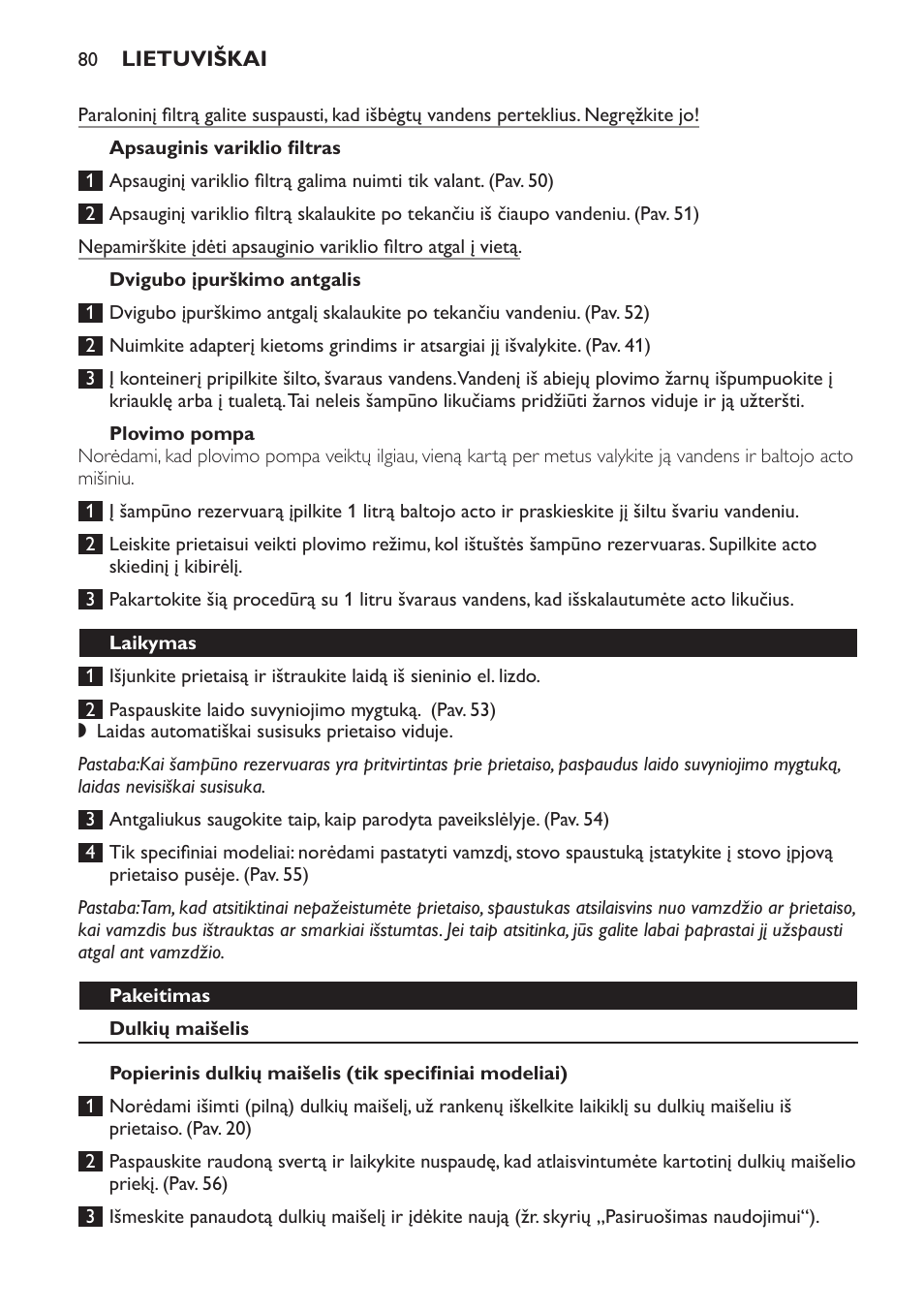 Apsauginis variklio filtras, Dvigubo įpurškimo antgalis, Plovimo pompa | Laikymas, Pakeitimas, Dulkių maišelis | Philips HR6835 User Manual | Page 80 / 178