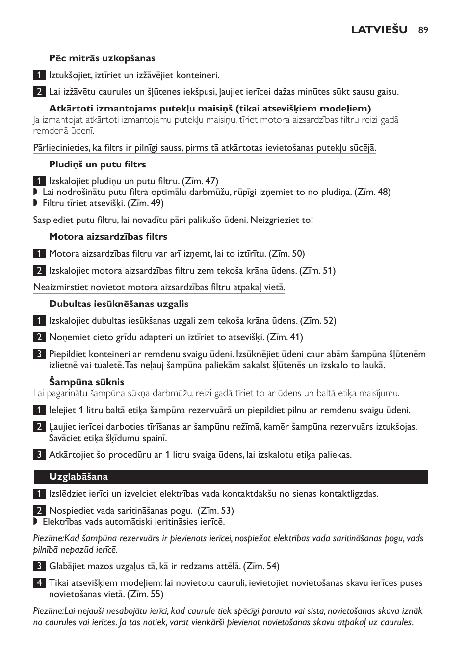 Pludiņš un putu filtrs, Motora aizsardzības filtrs, Dubultas iesūknēšanas uzgalis | Šampūna sūknis, Uzglabāšana | Philips HR6835 User Manual | Page 89 / 178