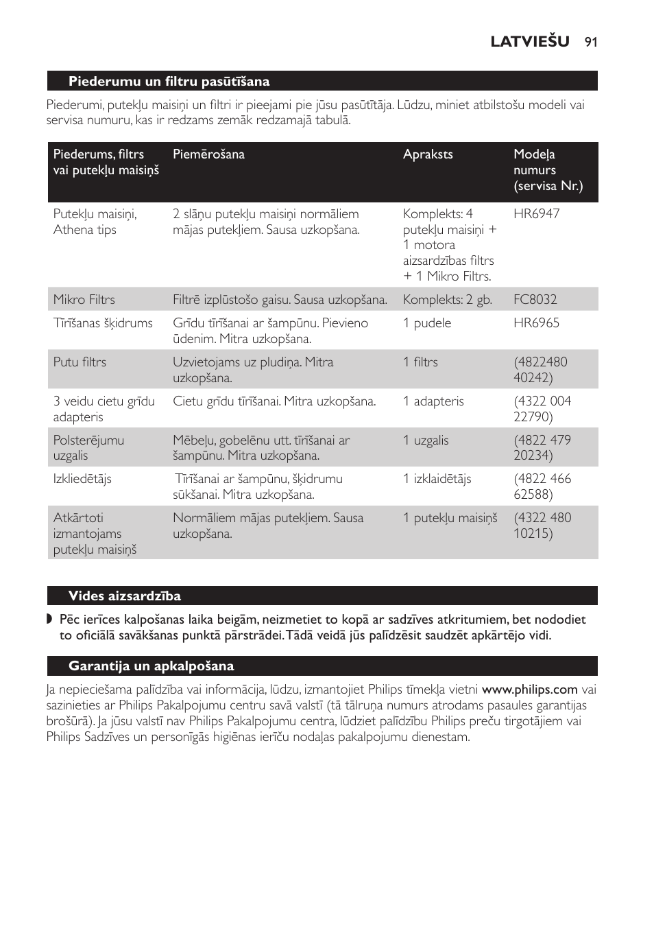 Piederumu un filtru pasūtīšana, Vides aizsardzība, Garantija un apkalpošana | Philips HR6835 User Manual | Page 91 / 178