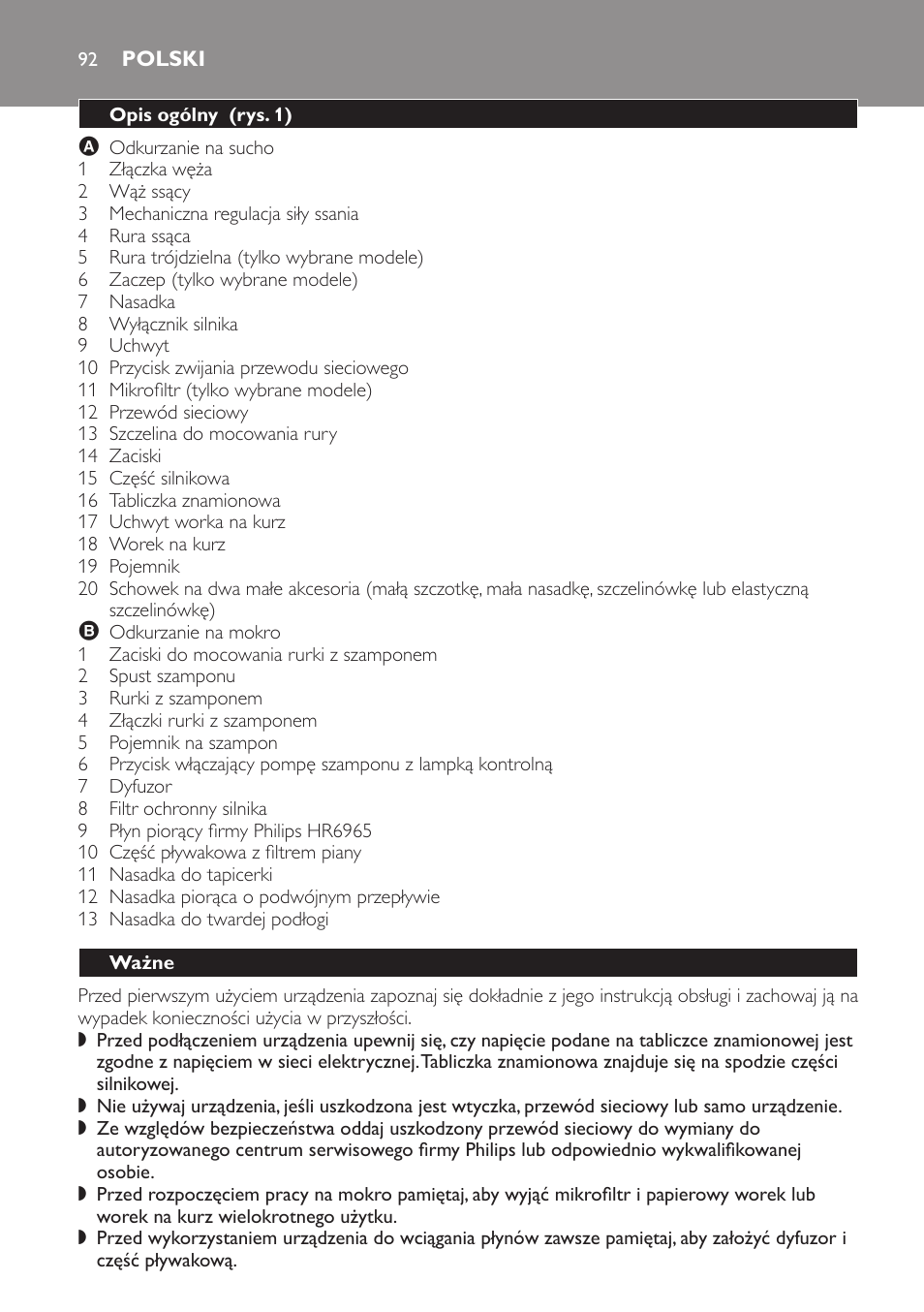 Polski, Opis ogólny ﻿ (rys. 1), Ważne | Philips HR6835 User Manual | Page 92 / 178