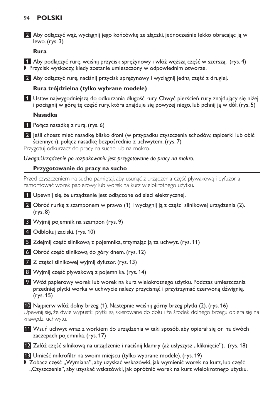 Rura, Rura trójdzielna (tylko wybrane modele), Nasadka | Przygotowanie do pracy na sucho | Philips HR6835 User Manual | Page 94 / 178