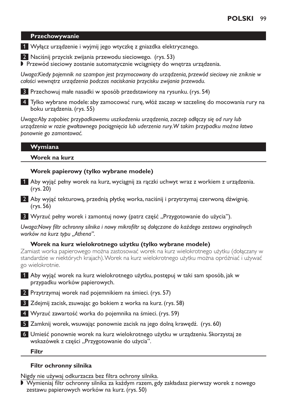 Przechowywanie, Wymiana, Worek na kurz | Worek papierowy (tylko wybrane modele), Filtr, Filtr ochronny silnika | Philips HR6835 User Manual | Page 99 / 178