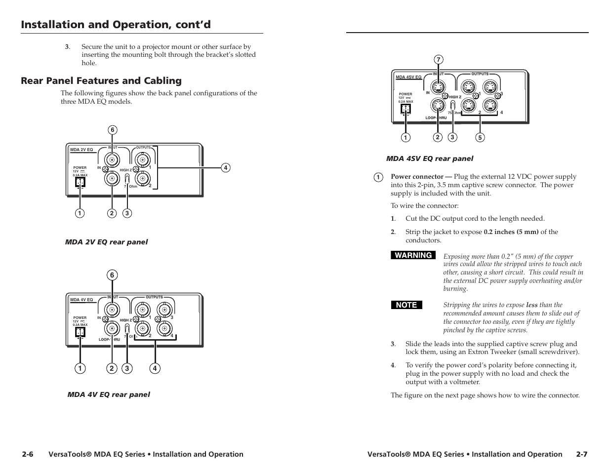 Installation and operation, cont’d, Rear panel features and cabling, Mda 2v eq rear panel | Mda 4sv eq rear panel | Extron electronic MDA 2V EQ User Manual | Page 10 / 14