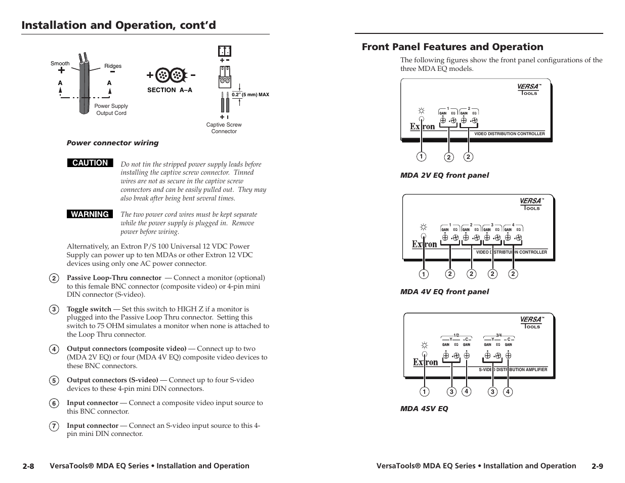 Installation and operation, cont’d, Front panel features and operation, Caution | Power connector wiring, Mda 2v eq front panel, Mda 4v eq front panel, Mda 4sv eq | Extron electronic MDA 2V EQ User Manual | Page 11 / 14