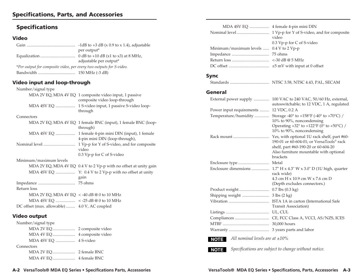 Specifications, parts, and accessories, Specifications | Extron electronic MDA 2V EQ User Manual | Page 13 / 14