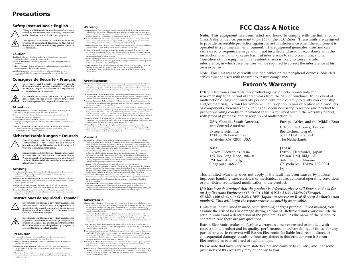 Precautions, Fcc class a notice, Extron’s warranty | Instrucciones de seguridad • español | Extron electronic MDA 2V EQ User Manual | Page 2 / 14