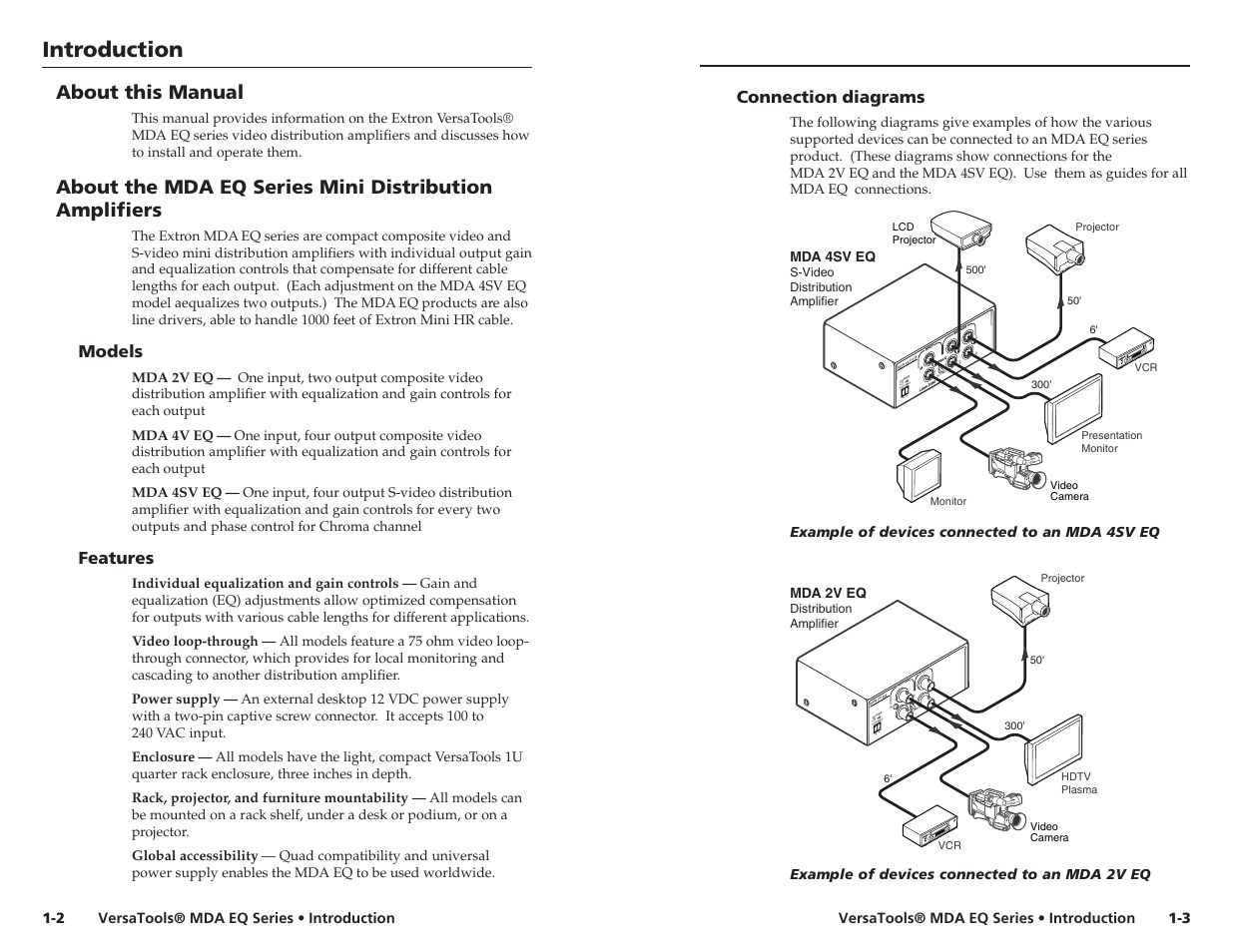 Introduction, About this manual, Models | Features, Connection diagrams, Versatools® mda eq series • introduction, Example of devices connected to an mda 4sv eq, Example of devices connected to an mda 2v eq 1-3, Mda 4sv eq, Mda 2v eq | Extron electronic MDA 2V EQ User Manual | Page 6 / 14