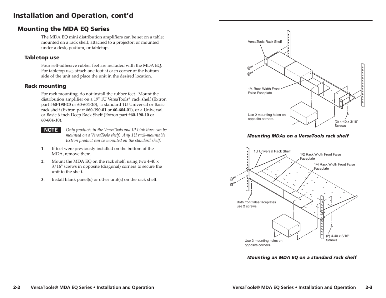 Installation and operation, cont’d, Mounting the mda eq series | Extron electronic MDA 2V EQ User Manual | Page 8 / 14