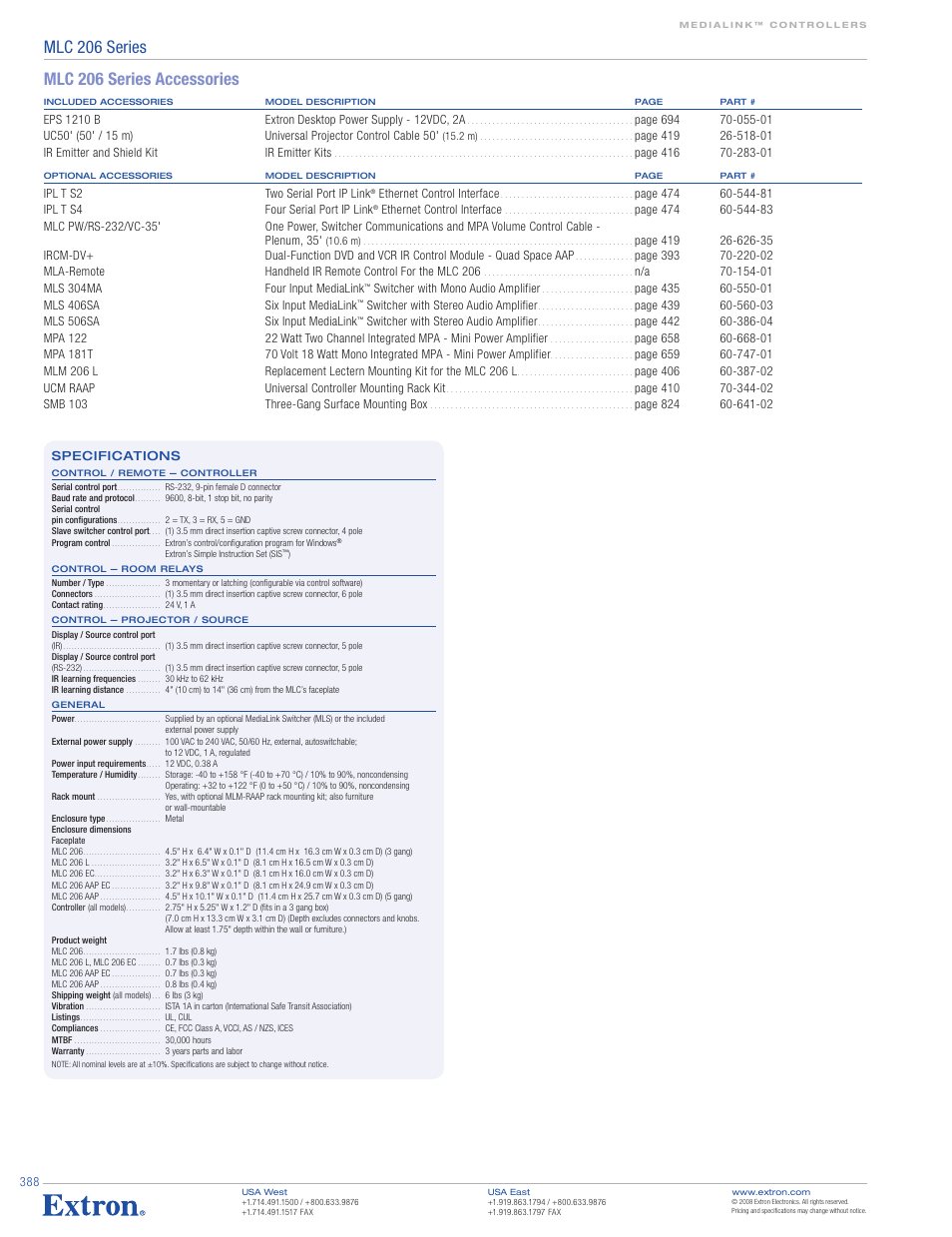 Mlc 206 series, Mlc 206 series accessories | Extron electronic MediaLink Controllers MLC 206 User Manual | Page 4 / 4