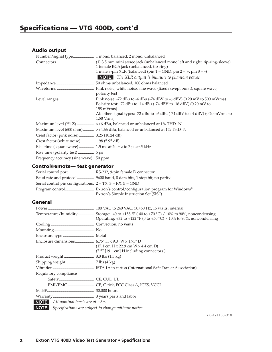 Specifications — vtg 400d, cont’d | Extron electronic VTG 400D User Manual | Page 2 / 2