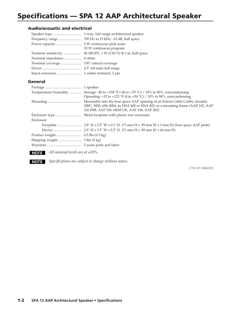 Extron electronic SPA 12 AAP User Manual | 1 page