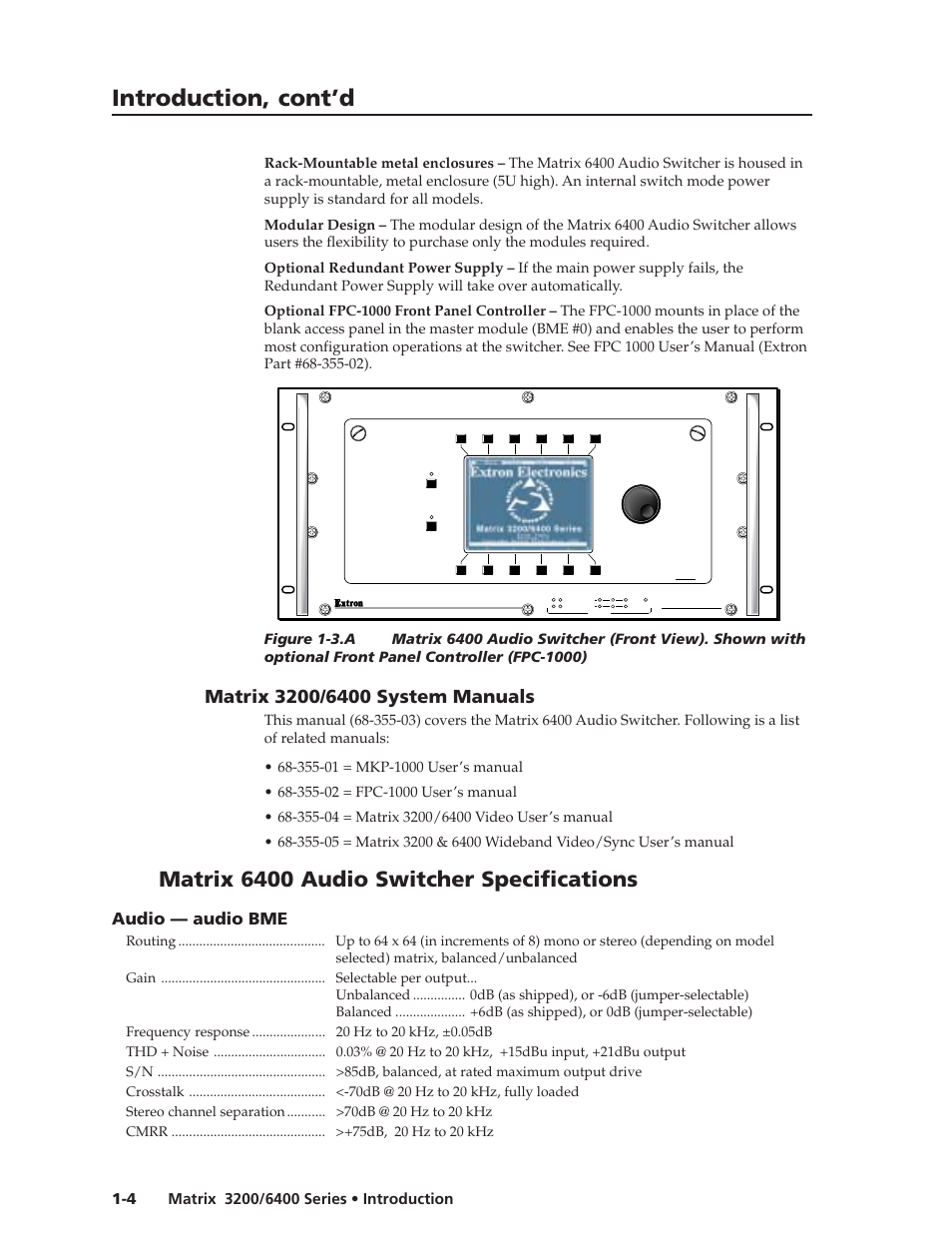 Introduction, cont’d, Matrix 6400 audio switcher specifications, Audio — audio bme | Extron electronic 6400s User Manual | Page 10 / 70