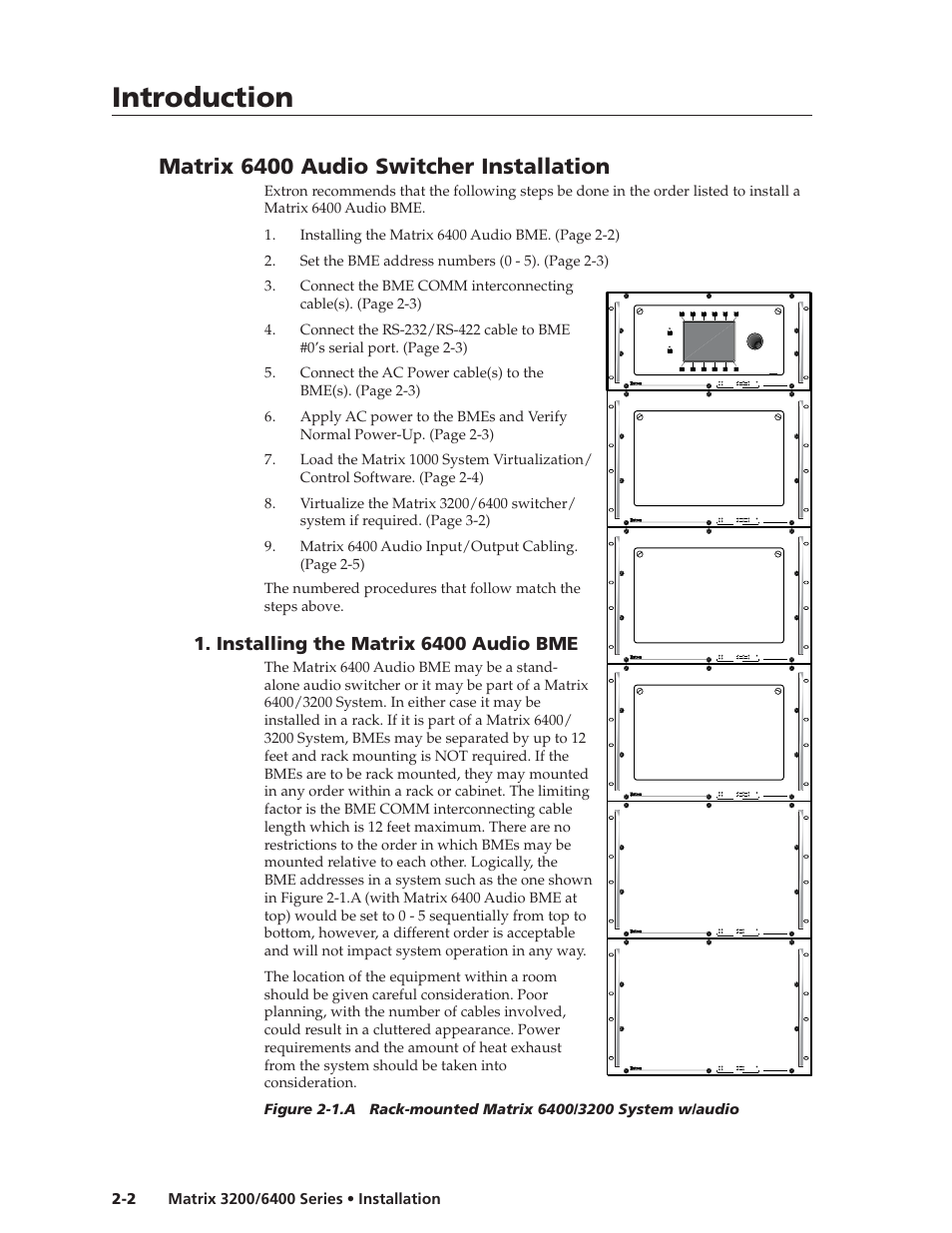 Introduction, Installation, cont’d, Matrix 6400 audio switcher installation | Installing the matrix 6400 audio bme | Extron electronic 6400s User Manual | Page 14 / 70