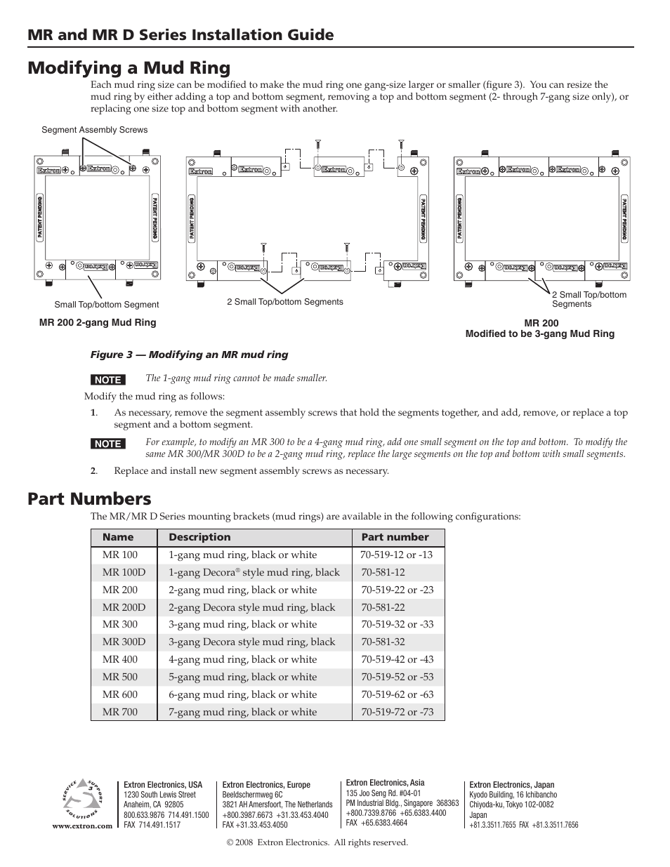 Modifying a mud ring, Part numbers, Mr and mr d series installation guide | Extron Electronics MR and MR D Series User Manual | Page 2 / 2