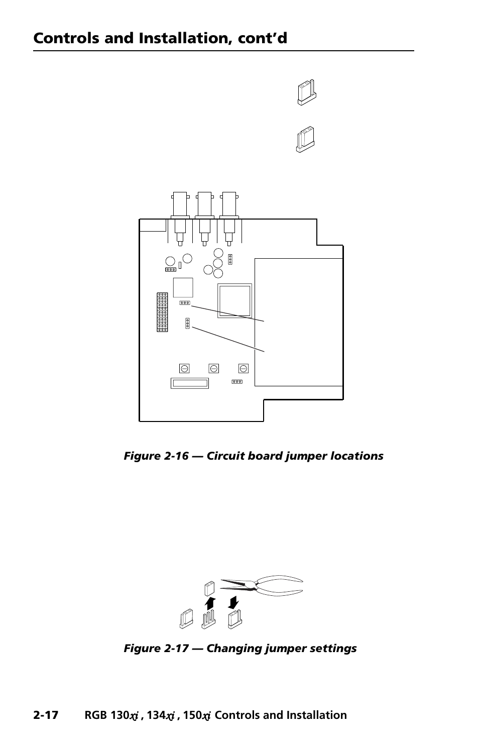 Controls and installation, cont’d, Pins 1 and 2 connected: pins 2 and 3 connected, Figure 2-16 — circuit board jumper locations | Figure 2-17 — changing jumper settings | Extron Electronics RGB 150x User Manual | Page 24 / 38