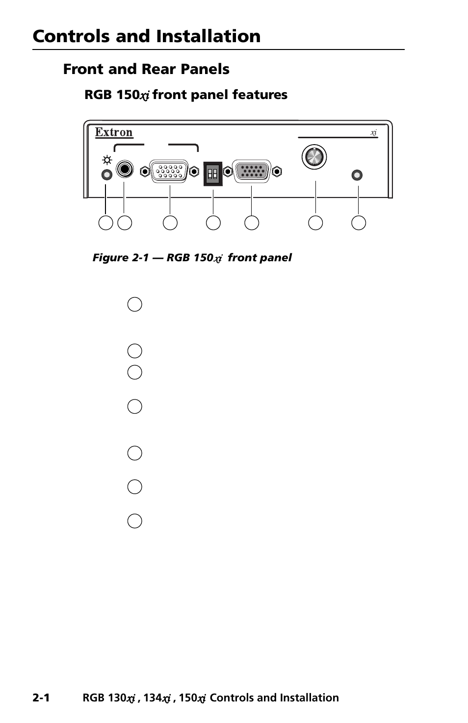 Controls and installation, Front and rear panels, Rgb 150 xi xi xi xi xi front panel features | Extron Electronics RGB 150x User Manual | Page 8 / 38