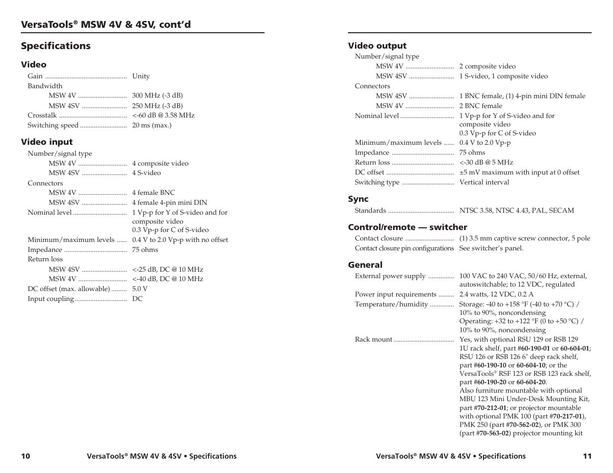 Versatools, Msw 4v & 4sv, cont’d specifications | Extron Electronics MSW 4V User Manual | Page 10 / 11