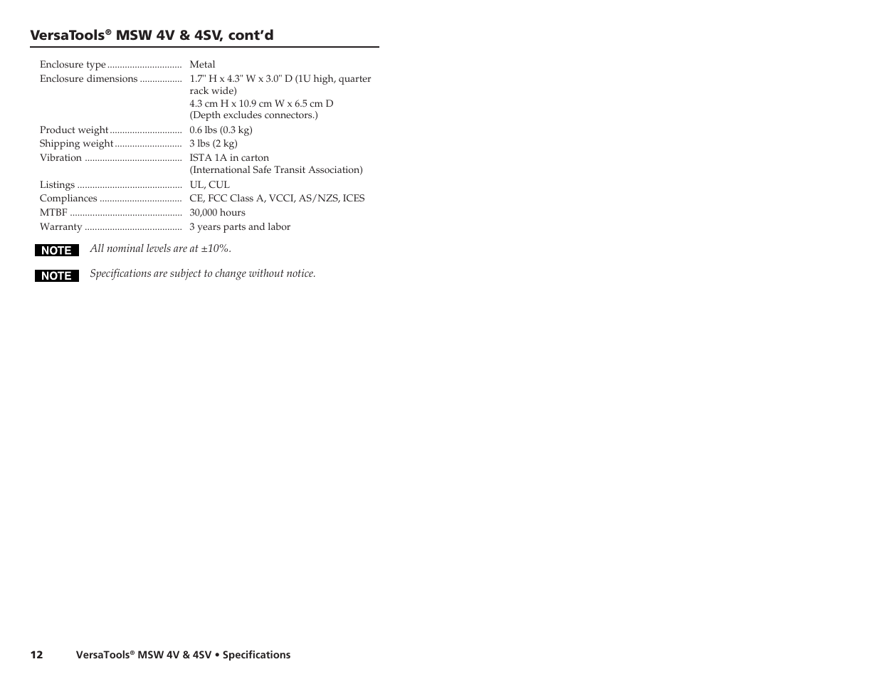 Versatools, Msw 4v & 4sv, cont’d | Extron Electronics MSW 4V User Manual | Page 11 / 11