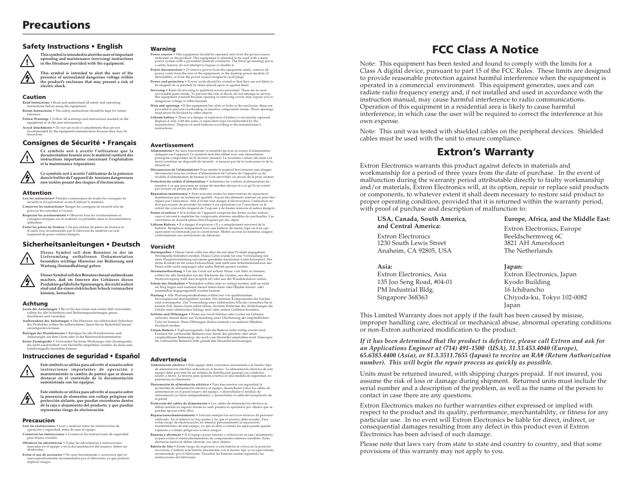 Precautions, Fcc class a notice, Extron’s warranty | Instrucciones de seguridad • español | Extron Electronics MSW 4V User Manual | Page 2 / 11