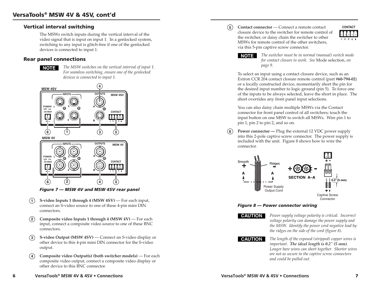 Versatools, Msw 4v & 4sv, cont’d, Vertical interval switching | Rear panel connections, Caution | Extron Electronics MSW 4V User Manual | Page 8 / 11