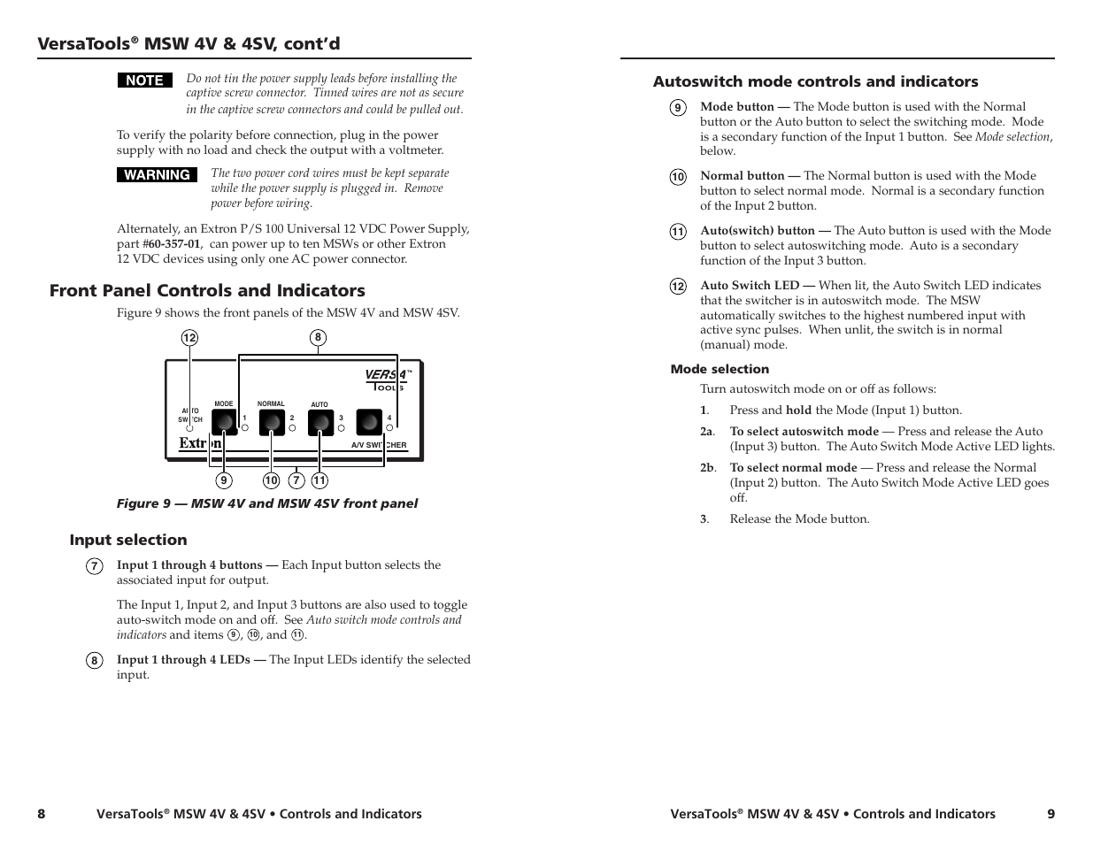 Versatools, Msw 4v & 4sv, cont’d, Front panel controls and indicators | Input selection, Autoswitch mode controls and indicators | Extron Electronics MSW 4V User Manual | Page 9 / 11