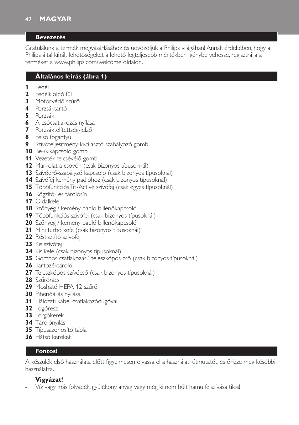Magyar | Philips FC8913 User Manual | Page 42 / 140