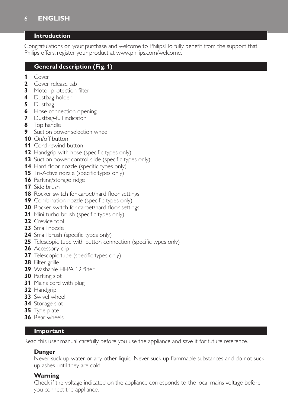 English | Philips FC8913 User Manual | Page 6 / 140