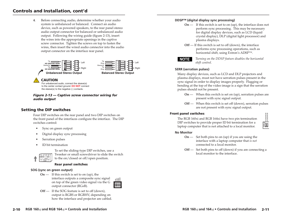 Controls and installation, cont’d, Setting the dip switches, Caution | Extron Electronics RGB 160 User Manual | Page 10 / 17