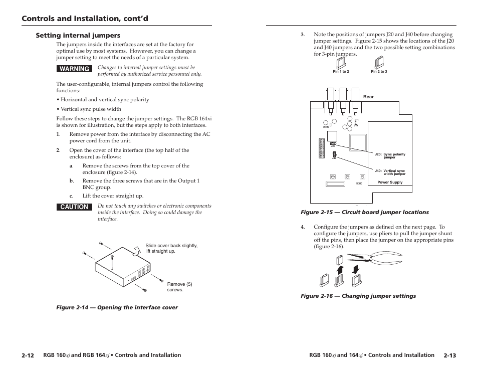 Controls and installation, cont’d, Setting internal jumpers, Caution | Extron Electronics RGB 160 User Manual | Page 11 / 17