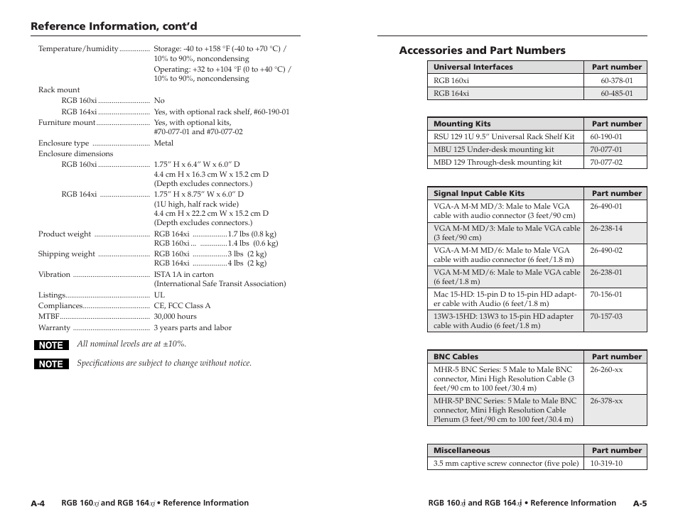 Reference information, cont’d, Accessories and part numbers | Extron Electronics RGB 160 User Manual | Page 14 / 17