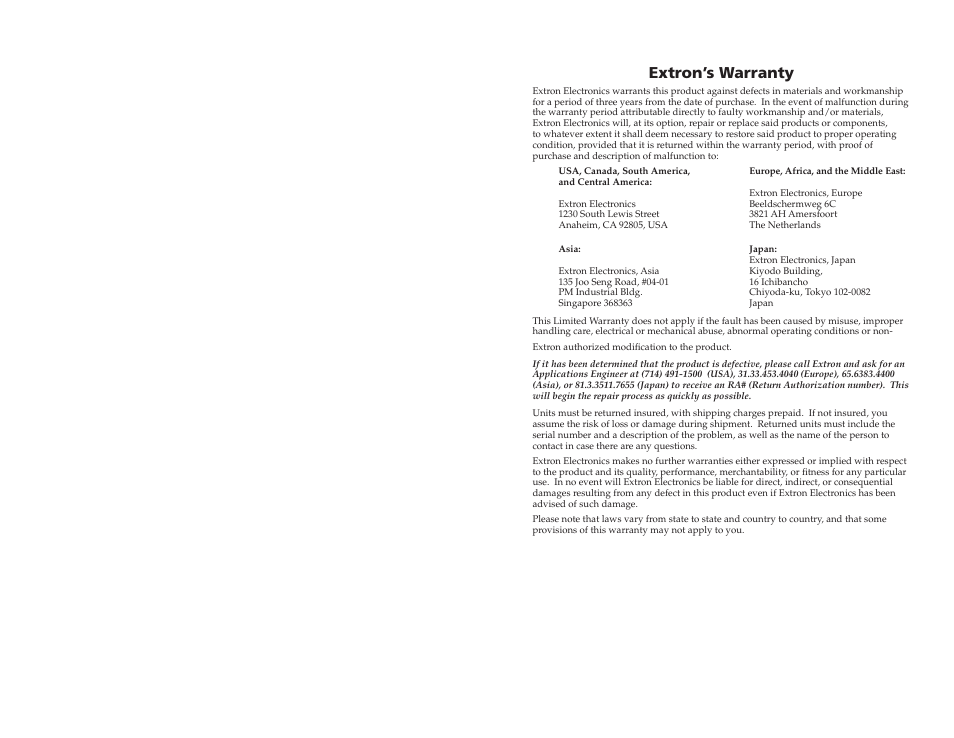Extron’s warranty | Extron Electronics RGB 160 User Manual | Page 16 / 17