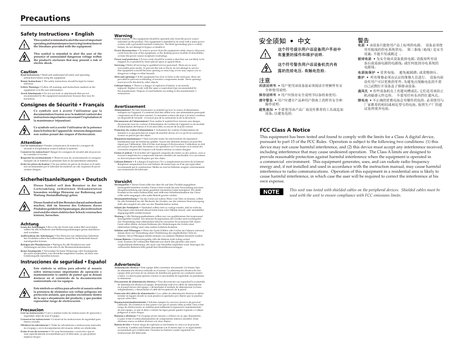 Precautions, 安全须知 • 中文, Fcc class a notice | Instrucciones de seguridad • español | Extron Electronics RGB 160 User Manual | Page 2 / 17