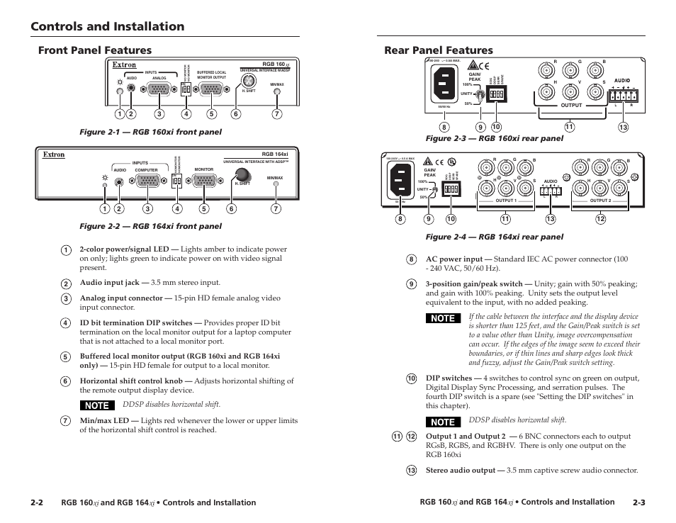 Controls and installation, Front panel features, Rear panel features | Extron Electronics RGB 160 User Manual | Page 6 / 17