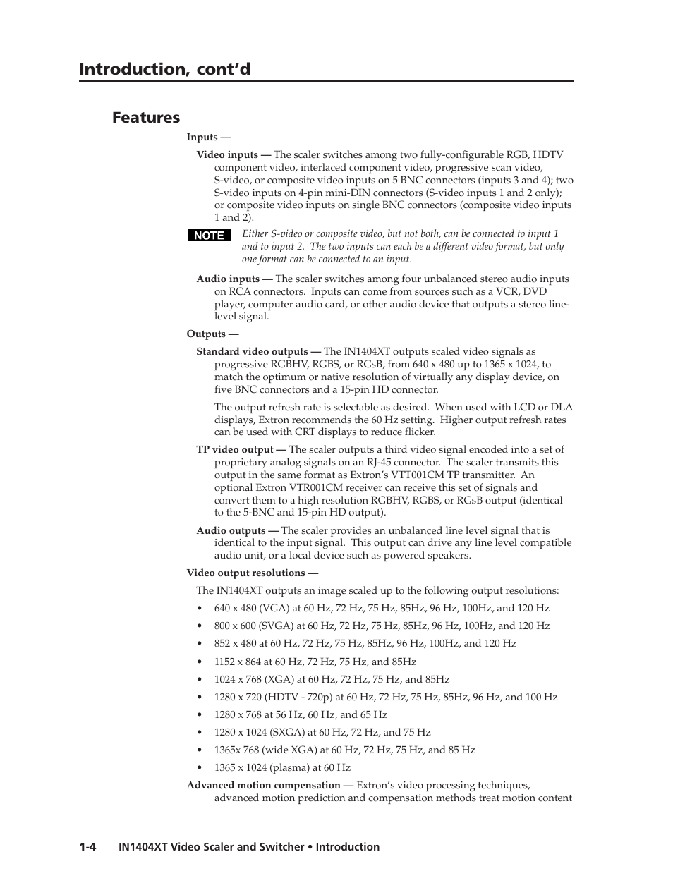 Introduction, cont’d, Features | Extron electronic IN1404XT User Manual | Page 10 / 82