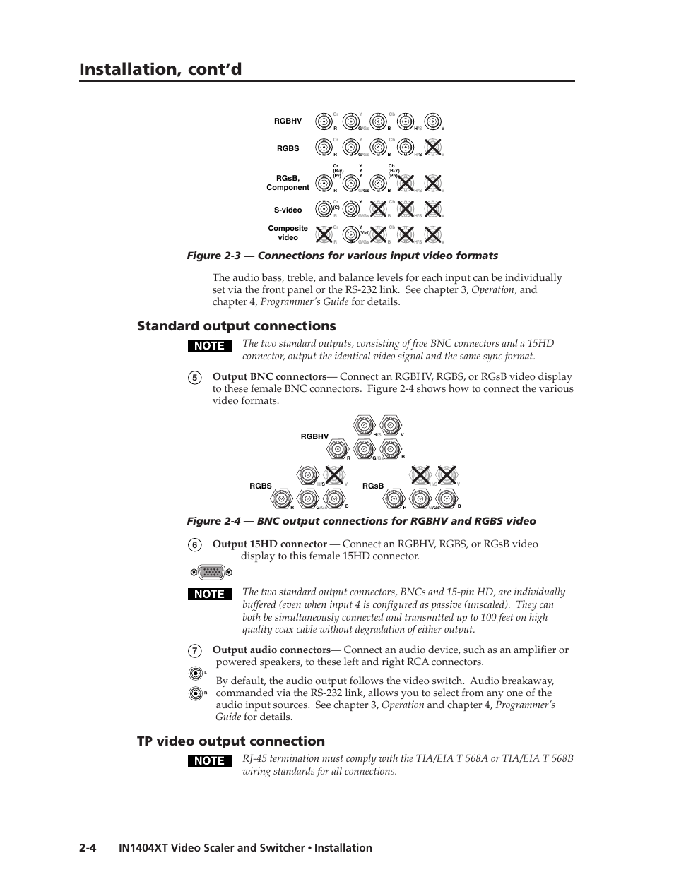 Installation, cont’d, Standard output connections, Tp video output connection | Extron electronic IN1404XT User Manual | Page 16 / 82