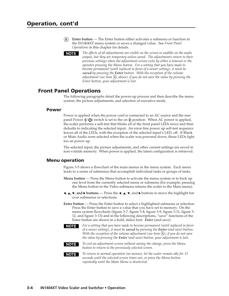 Operation, cont’d, Front panel operations, Power | Menu operation | Extron electronic IN1404XT User Manual | Page 24 / 82