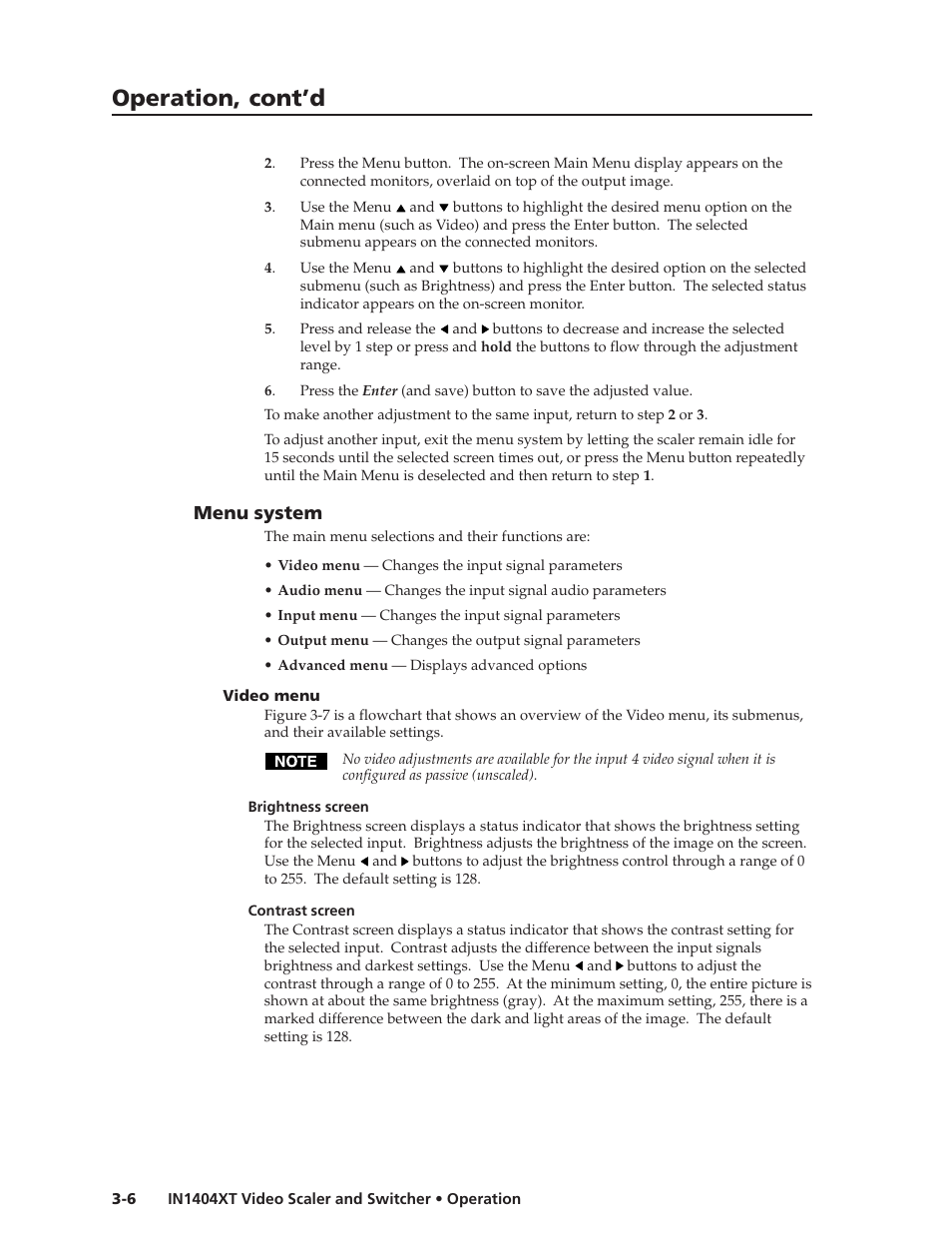 Operation, cont’d, Menu system | Extron electronic IN1404XT User Manual | Page 26 / 82