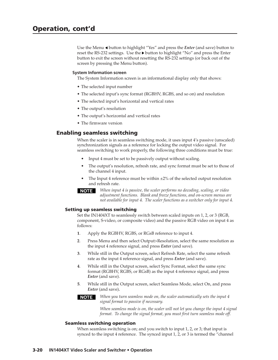 Operation, cont’d, Enabling seamless switching | Extron electronic IN1404XT User Manual | Page 40 / 82