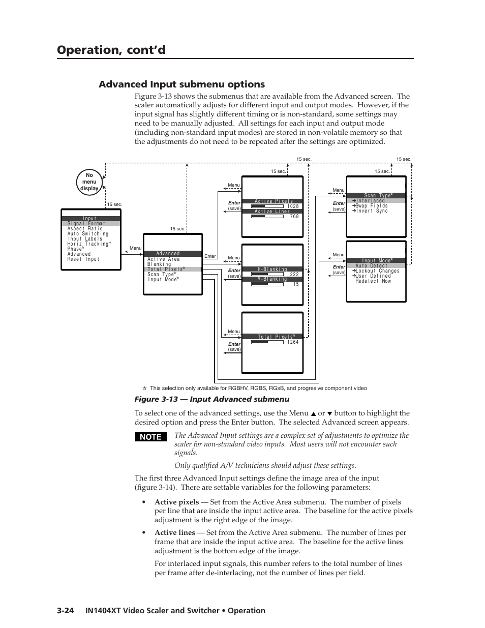 Operation, cont’d, Advanced input submenu options | Extron electronic IN1404XT User Manual | Page 44 / 82