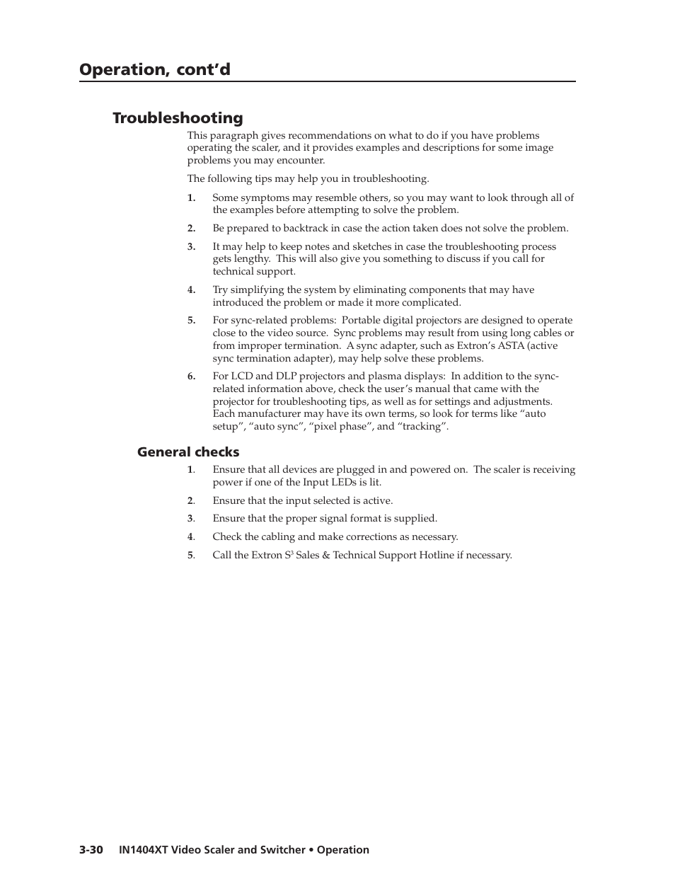 Operation, cont’d, Troubleshooting, General checks | Extron electronic IN1404XT User Manual | Page 50 / 82